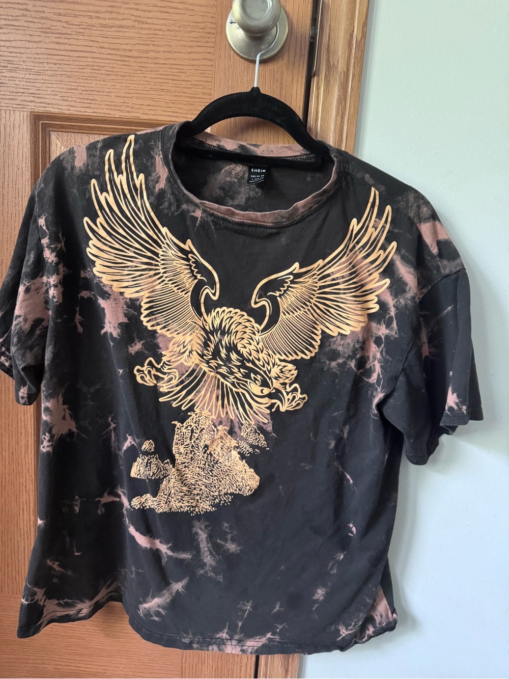 SHEIN Black & Brown Tie-Dye Tee with Gold Eagle Graphic